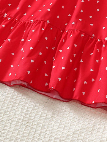 Girls Fashion Dress, Long Sleeve Allover Heart Print Ruffle Hem Dress