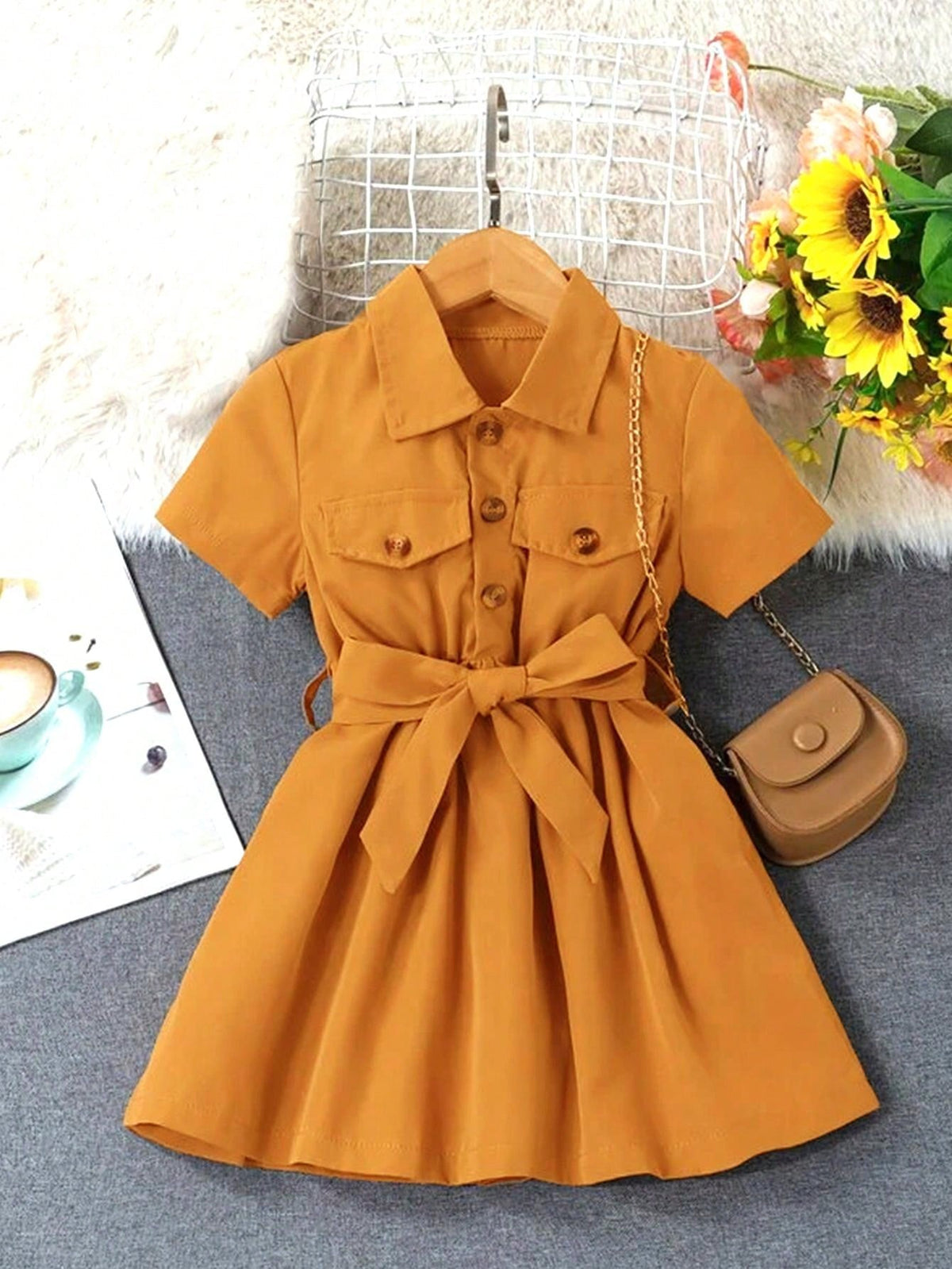 Girls Fashion Dress Toddler Short Sleeve Polo Collar Single Breasted Shirt Dress, Summer