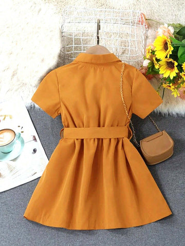 Girls Fashion Dress Toddler Short Sleeve Polo Collar Single Breasted Shirt Dress, Summer