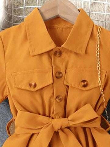 Girls Fashion Dress Toddler Short Sleeve Polo Collar Single Breasted Shirt Dress, Summer