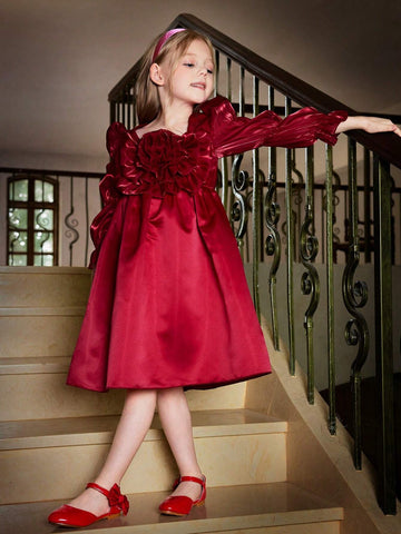 Girls' Fashion, Elegance, Romance, Fun And Versatile Three-Dimensional Shape, Flower, Petals  Sleeves And Large Skirt Design Elegant Long-Sleeved Dress