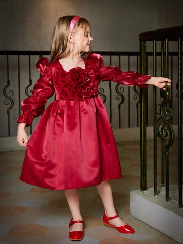 Girls' Fashion, Elegance, Romance, Fun And Versatile Three-Dimensional Shape, Flower, Petals  Sleeves And Large Skirt Design Elegant Long-Sleeved Dress