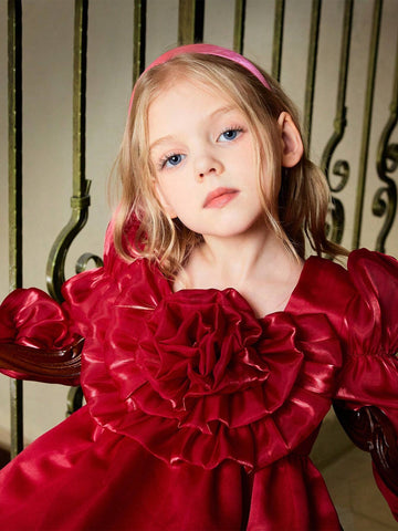 Girls' Fashion, Elegance, Romance, Fun And Versatile Three-Dimensional Shape, Flower, Petals  Sleeves And Large Skirt Design Elegant Long-Sleeved Dress