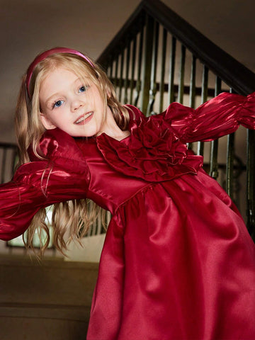 Girls' Fashion, Elegance, Romance, Fun And Versatile Three-Dimensional Shape, Flower, Petals  Sleeves And Large Skirt Design Elegant Long-Sleeved Dress