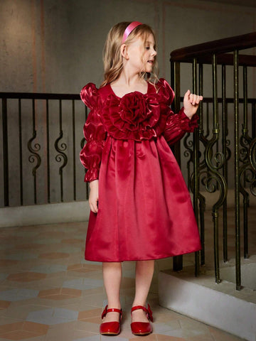 Girls' Fashion, Elegance, Romance, Fun And Versatile Three-Dimensional Shape, Flower, Petals  Sleeves And Large Skirt Design Elegant Long-Sleeved Dress