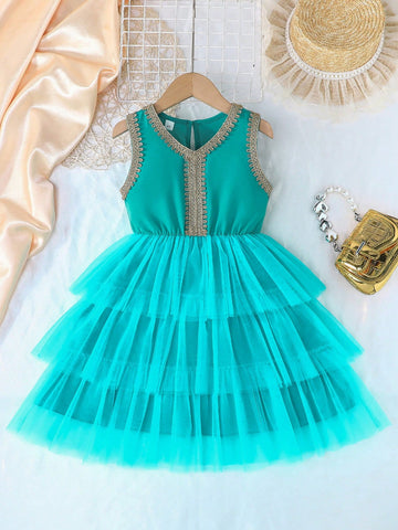 Girls Fashion Elegant Princess Style Round Collar Flounced Sleeveless Tulle Cake Dress, Summer Stage Performance Costume