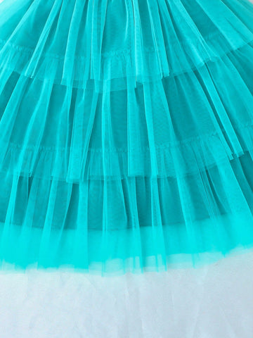 Girls Fashion Elegant Princess Style Round Collar Flounced Sleeveless Tulle Cake Dress, Summer Stage Performance Costume