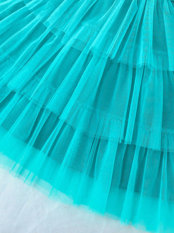 Girls Fashion Elegant Princess Style Round Collar Flounced Sleeveless Tulle Cake Dress, Summer Stage Performance Costume