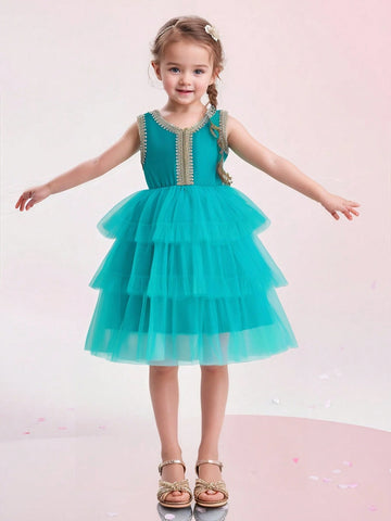 Girls Fashion Elegant Princess Style Round Collar Flounced Sleeveless Tulle Cake Dress, Summer Stage Performance Costume