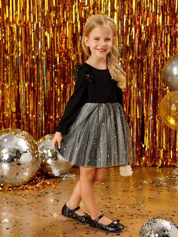 Girls' Fashion Elegant Sparkling Sequin Mesh Gold Star Decor Layered Dress
