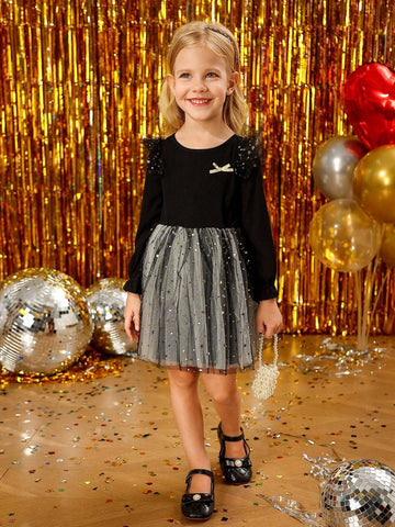 Girls' Fashion Elegant Sparkling Sequin Mesh Gold Star Decor Layered Dress
