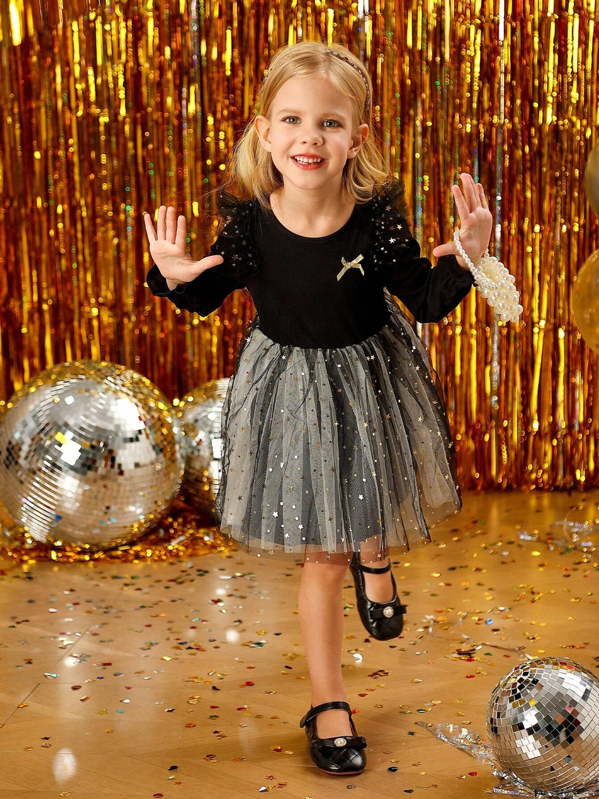 Girls' Fashion Elegant Sparkling Sequin Mesh Gold Star Decor Layered Dress
