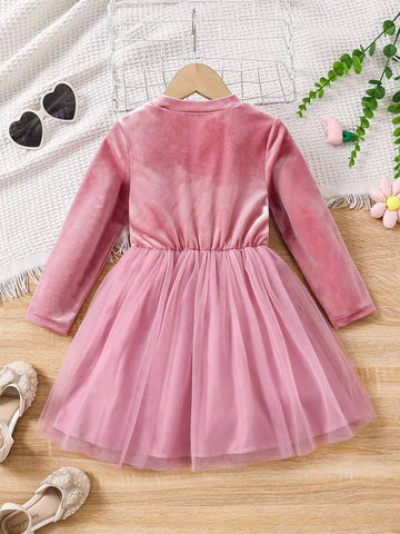 Girls' Fashion Elegant Tulle & Faux Fur Decorated Dress, Suitable For Birthday, New Year, Party, Casual Wear, Autumn, Spring