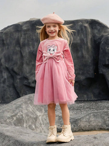 Girls' Fashion Elegant Tulle & Faux Fur Decorated Dress, Suitable For Birthday, New Year, Party, Casual Wear, Autumn, Spring