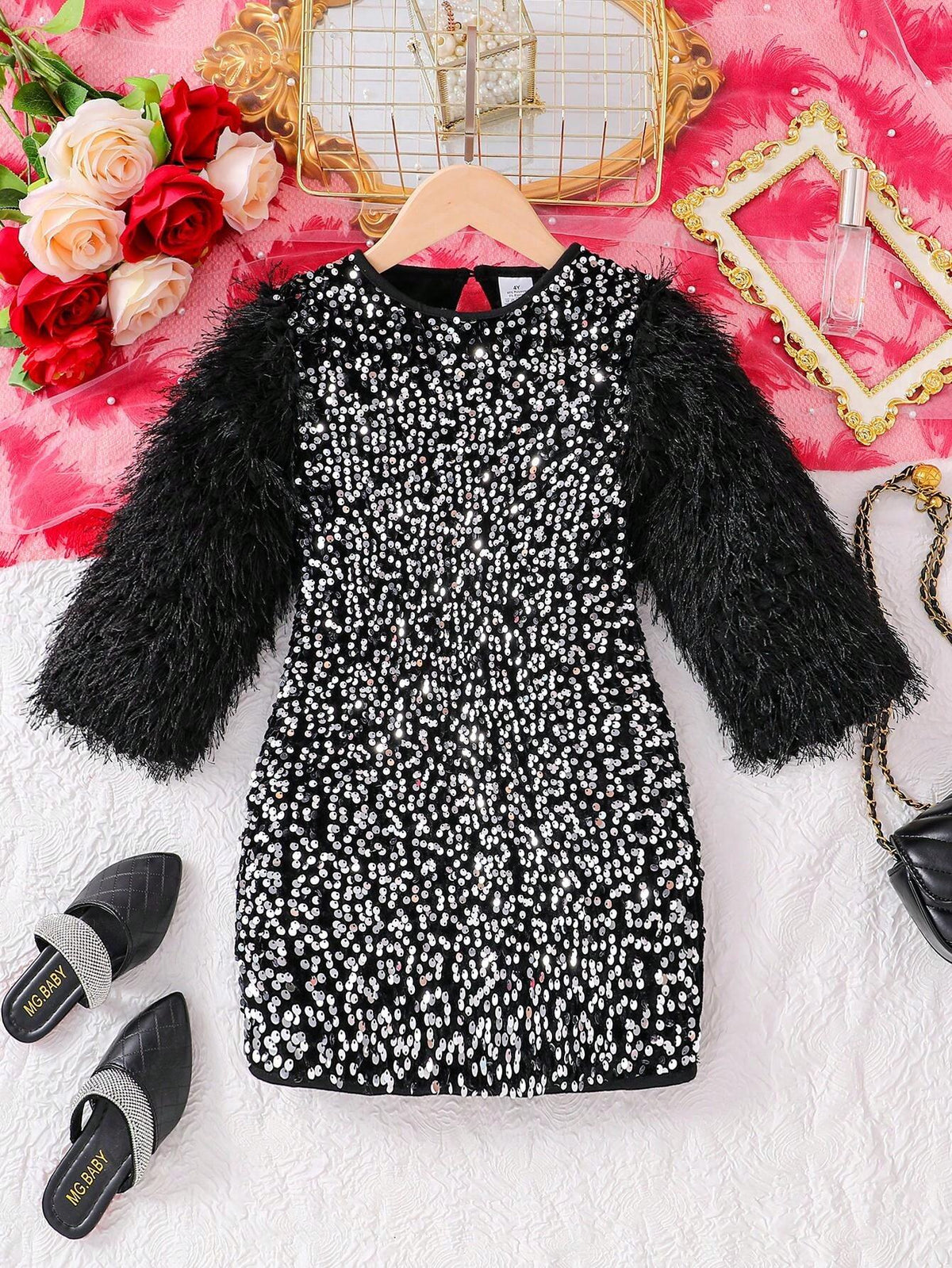 Girls Fashion Glittery Spring/Autumn Dress - Long Sleeve Sequin Print Crew Neck Button Back Mid-Length Shiny Party Dress