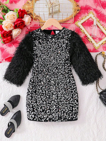 Girls Fashion Glittery Spring/Autumn Dress - Long Sleeve Sequin Print Crew Neck Button Back Mid-Length Shiny Party Dress