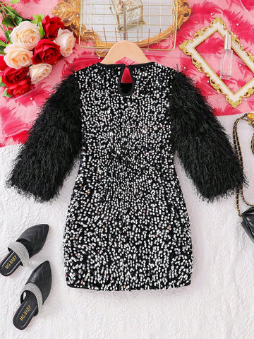 Girls Fashion Glittery Spring/Autumn Dress - Long Sleeve Sequin Print Crew Neck Button Back Mid-Length Shiny Party Dress