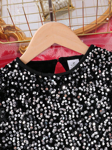 Girls Fashion Glittery Spring/Autumn Dress - Long Sleeve Sequin Print Crew Neck Button Back Mid-Length Shiny Party Dress