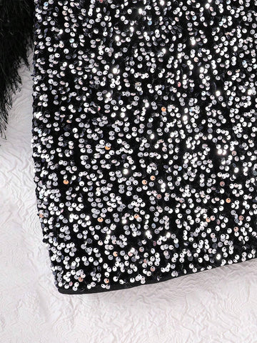 Girls Fashion Glittery Spring/Autumn Dress - Long Sleeve Sequin Print Crew Neck Button Back Mid-Length Shiny Party Dress