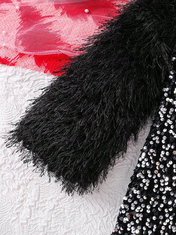 Girls Fashion Glittery Spring/Autumn Dress - Long Sleeve Sequin Print Crew Neck Button Back Mid-Length Shiny Party Dress