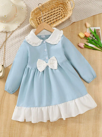 Girls' Fashion Half-Button-Up Long Sleeve Dress With Peter Pan Collar & Bow Decor, Suitable For Daily Wear, Ages 4-7