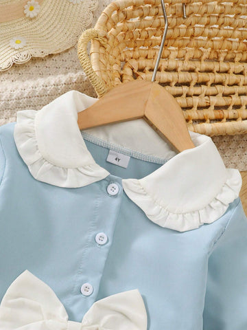 Girls' Fashion Half-Button-Up Long Sleeve Dress With Peter Pan Collar & Bow Decor, Suitable For Daily Wear, Ages 4-7
