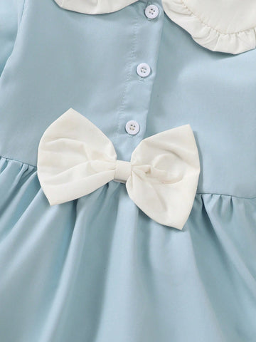 Girls' Fashion Half-Button-Up Long Sleeve Dress With Peter Pan Collar & Bow Decor, Suitable For Daily Wear, Ages 4-7