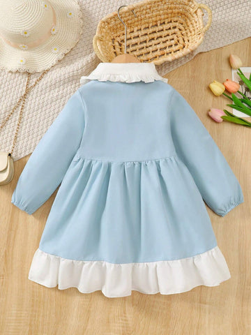 Girls Fashion Half-Button Long Sleeve Dress, Peter Pan Collar With Bow Decor, Suitable For Daily Wear Of 4-7 Years Old Babies