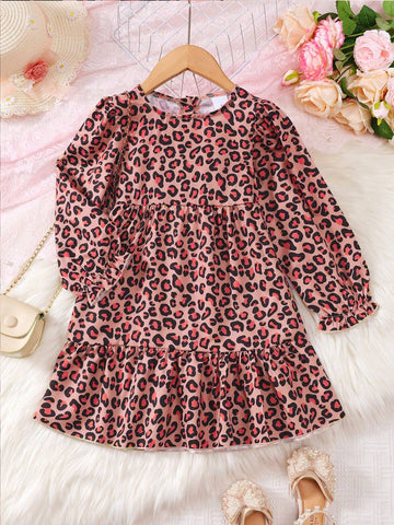 Girls Fashion Leopard Print Digital Printing Dress With Button Up Cardigan Long Sleeve Splice Dress, Suitable For Parties, Outings And Traveling
