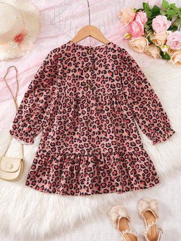 Girls Fashion Leopard Print Digital Printing Dress With Button Up Cardigan Long Sleeve Splice Dress, Suitable For Parties, Outings And Traveling