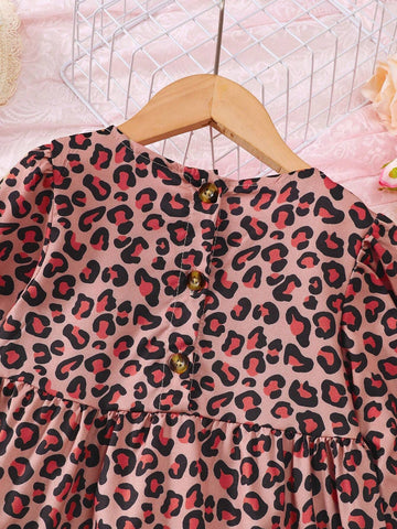 Girls Fashion Leopard Print Digital Printing Dress With Button Up Cardigan Long Sleeve Splice Dress, Suitable For Parties, Outings And Traveling
