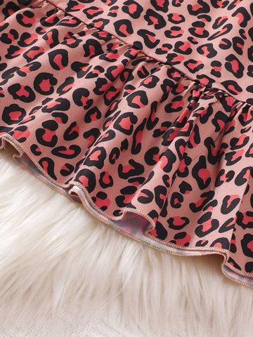 Girls Fashion Leopard Print Digital Printing Dress With Button Up Cardigan Long Sleeve Splice Dress, Suitable For Parties, Outings And Traveling