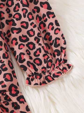 Girls Fashion Leopard Print Digital Printing Dress With Button Up Cardigan Long Sleeve Splice Dress, Suitable For Parties, Outings And Traveling