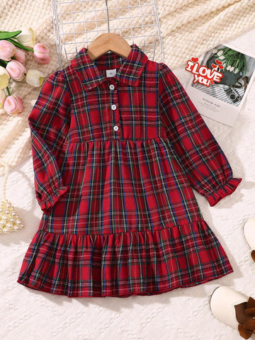 Girls Fashion Long Sleeve A-Line Dress, Toddler Trendy Bell Sleeve Spliced Dress With Collar & Button Decor, Colorblock Plaid Design