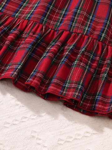 Girls Fashion Long Sleeve A-Line Dress, Toddler Trendy Bell Sleeve Spliced Dress With Collar & Button Decor, Colorblock Plaid Design