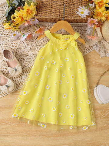 Girls' Fashion Mesh Patchwork Round Neck Bowknot Sleeveless Dress