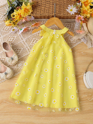 Girls' Fashion Mesh Patchwork Round Neck Bowknot Sleeveless Dress