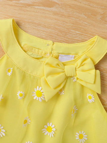 Girls' Fashion Mesh Patchwork Round Neck Bowknot Sleeveless Dress