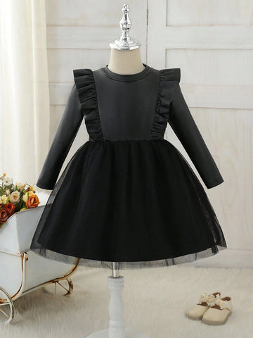 Girls Fashion Minimalist Casual Cool Round Neck Drop Shoulder Long Sleeve Cinched Waist Solid Color PU Contrast Mesh Autumn Winter Dress