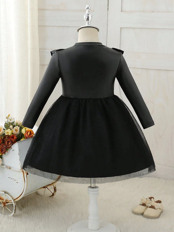 Girls Fashion Minimalist Casual Cool Round Neck Drop Shoulder Long Sleeve Cinched Waist Solid Color PU Contrast Mesh Autumn Winter Dress