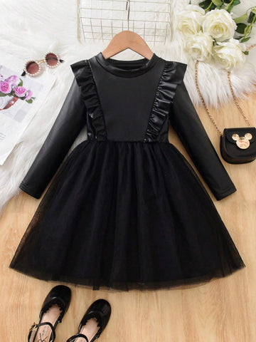 Girls Fashion Minimalist Casual Cool Round Neck Drop Shoulder Long Sleeve Cinched Waist Solid Color PU Contrast Mesh Autumn Winter Dress