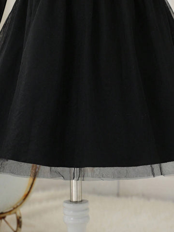 Girls Fashion Minimalist Casual Cool Round Neck Drop Shoulder Long Sleeve Cinched Waist Solid Color PU Contrast Mesh Autumn Winter Dress