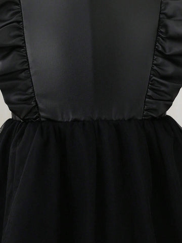 Girls Fashion Minimalist Casual Cool Round Neck Drop Shoulder Long Sleeve Cinched Waist Solid Color PU Contrast Mesh Autumn Winter Dress