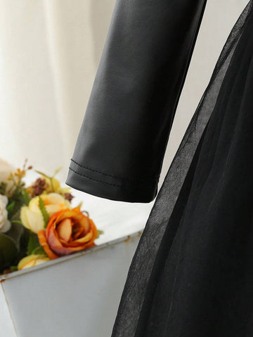 Girls Fashion Minimalist Casual Cool Round Neck Drop Shoulder Long Sleeve Cinched Waist Solid Color PU Contrast Mesh Autumn Winter Dress