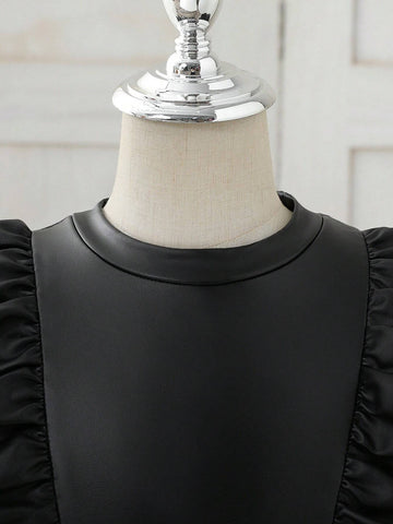Girls Fashion Minimalist Casual Cool Round Neck Drop Shoulder Long Sleeve Cinched Waist Solid Color PU Contrast Mesh Autumn Winter Dress