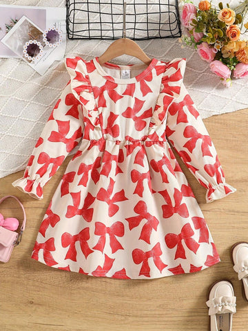 Girls' Fashion Minimalist Spring/Autumn Dress, Toddler Butterfly Print Lantern Sleeve Round Neck Waisted Casual Party Dress