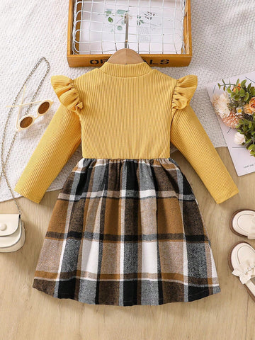 Girls Fashion Minimalist Spring & Autumn Dress, Young Girl Round Neck Knitted Bow Patchwork Plaid Mid-Length Dress