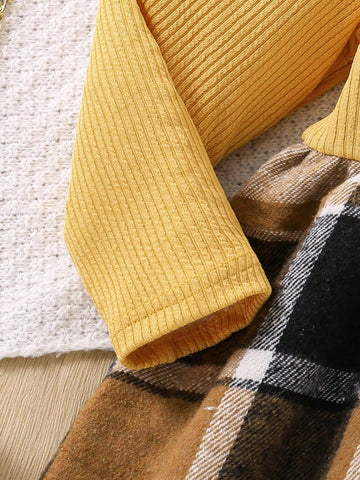 Girls Fashion Minimalist Spring & Autumn Dress, Young Girl Round Neck Knitted Bow Patchwork Plaid Mid-Length Dress