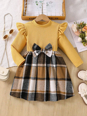 Girls Fashion Minimalist Spring & Autumn Dress, Young Girl Round Neck Knitted Bow Patchwork Plaid Mid-Length Dress