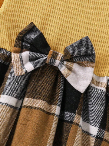 Girls Fashion Minimalist Spring & Autumn Dress, Young Girl Round Neck Knitted Bow Patchwork Plaid Mid-Length Dress